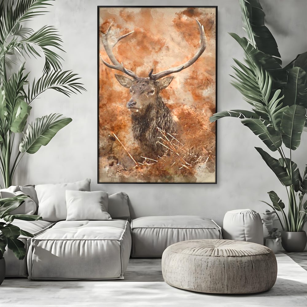 Tablou canvas cu tablou canvas cu cerb in padure, in rama de aluminiu negru, pe perete intr-un living